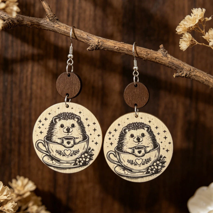Wholesale Wood Hedgehog Print Drop Earrings Retro Star Pattern Fashion Accessory