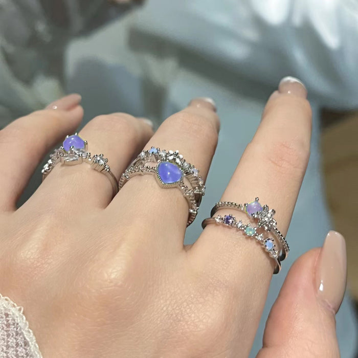 Wholesale Aquamarine Heart Moonstone Zircon Open Ring Set 3 Pieces