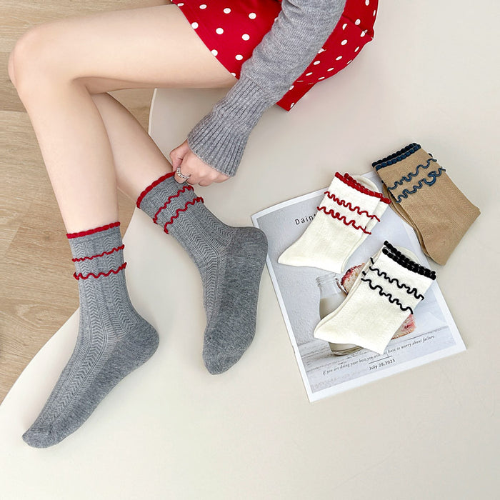 Wholesale Sock tube mesh breathable college style contrasting color lace pile sock cotton