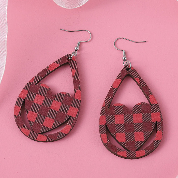 Wholesale Earrings Wood Check Stripe Love Drop Earrings Double Sided Wooden Earrings JDC-ES-ChL006