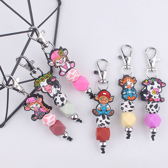 Wholesale Cartoon Cow Silicone Beaded Wrist Keychain JDC-KC-GuangTian039