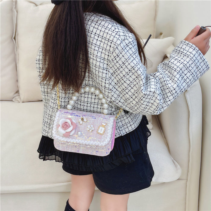 Wholesale Children's Bag Chain Bag Pearl Accessories Hand Bag  Children's Cute Little Flower Shoulder Bag Girl