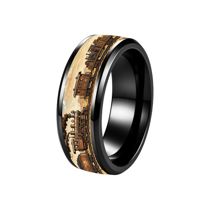 Wholesale 304 Stainless Steel Men' s Vintage Western Train Ring Silver Electroplated Jewelry Accessory