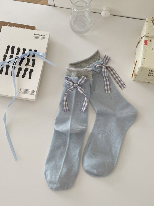 Wholesale Checkered bow socks boneless anti pilling pile socks