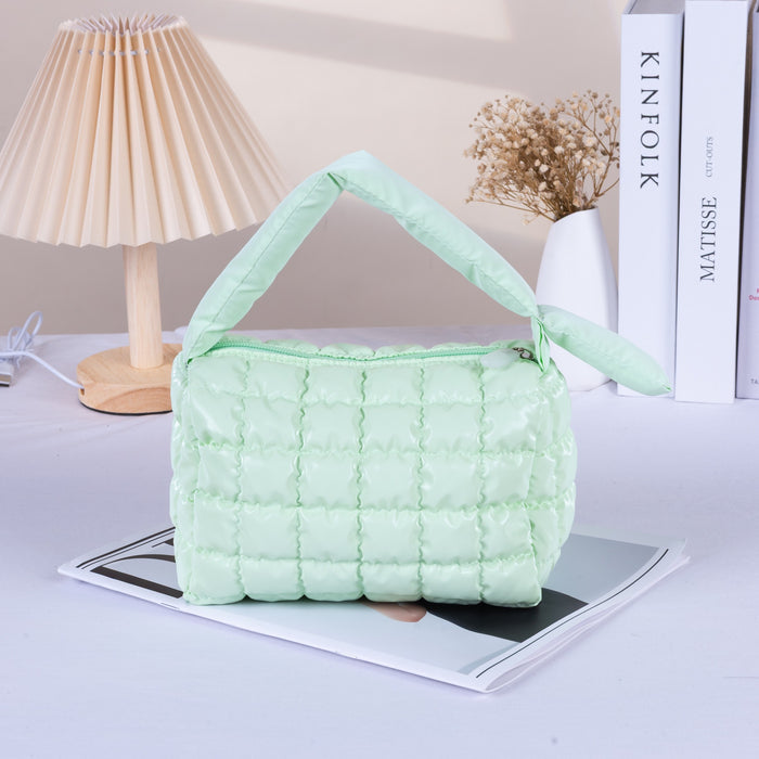 Wholesale Quilted Down Makeup Bag Small Pink Handbag Style Travel Cosmetic Pouch With Ins Style Multi Purpose Organizer