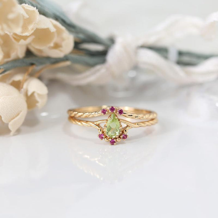 Wholesale Inlaid Water Drop Anti Olivine Set Combination Open Ring Vintage