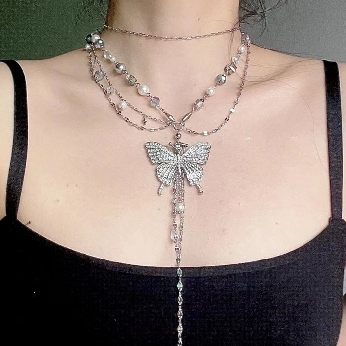 Wholesale Butterfly tassel necklace, double-layer layered versatile heart pendant, collarbone chain