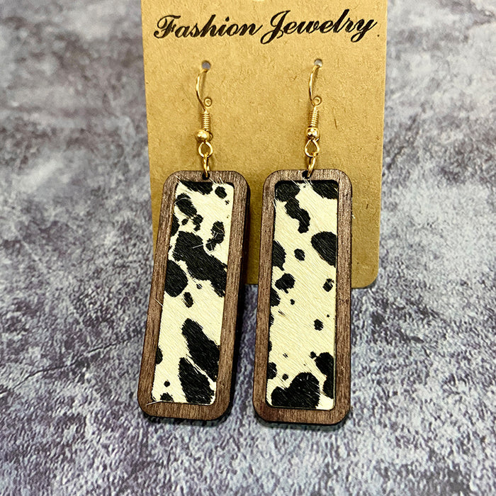 Wholesale leopard print simple bar genuine leather earrings retro geometric texture inlaid earrings