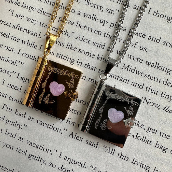 Wholesale Titanium Steel Heart-Shaped Commemorative Butterfly Opening and Closing Book Necklace