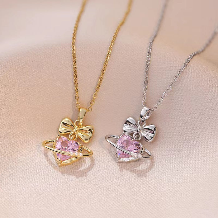 Wholesale 2PCS Bow Love Zircon Titanium Steel Necklace JDC-NE-JinQiao005