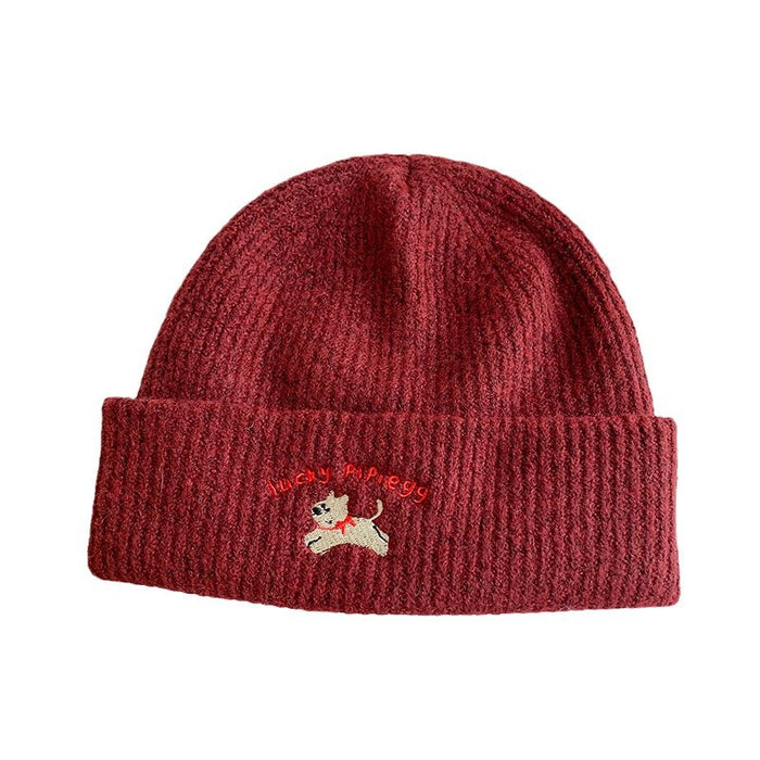 Wholesale Cute puppy embroidered knitted woolen hat for women, versatile big head circumference hat for autumn and winter