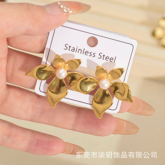 Wholesale Flower Earrings Retro-Style Pearl Earrings for Women Electroplated Stainless Steel Gold Earrings