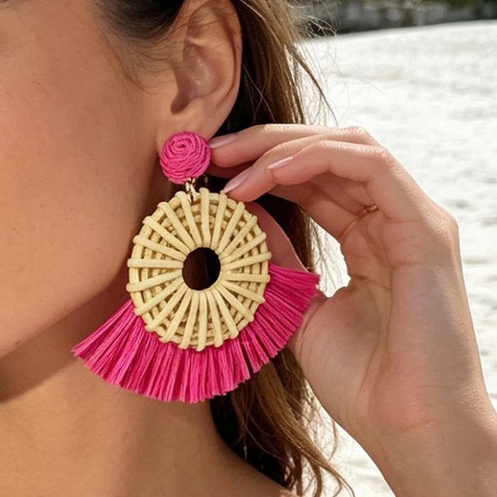 Wholesale Vacation Style Handmade Raffia Flower Earrings Red Jewelry Accessory MOQ≥5