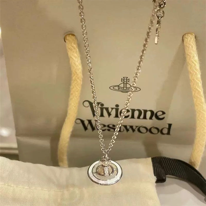 Wholesale Pearl Enamel 3D Saturn Pendant Long Necklace