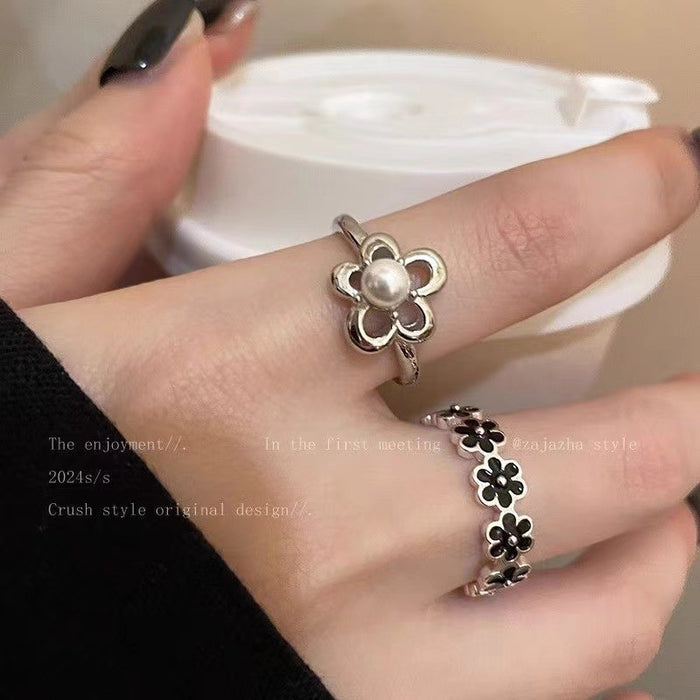 Wholesale Black Glaze Small Flower Opening Ring Sweet Retro All-match Ring