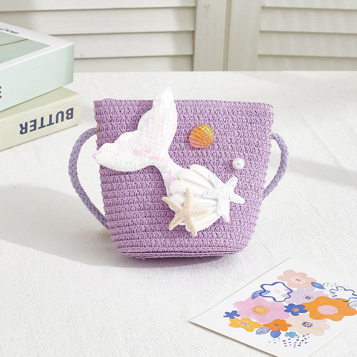 Wholesale Straw Mermaid Crossbody Bag for Girls Cute Summer Beach Purse Resale Gift
