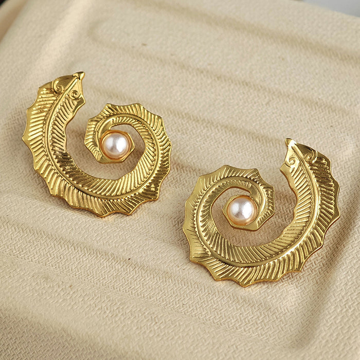 Wholesale Retro conch pearl titanium steel earrings with simple spiral texture, light luxury, fashionable personality, trendy earrings