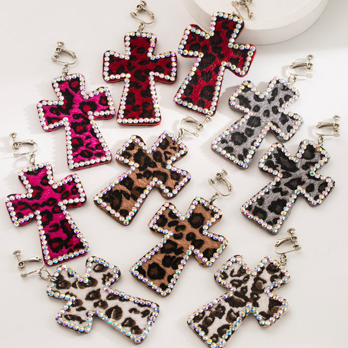 Wholesale Cross-print leather leopard print Statement Earrings