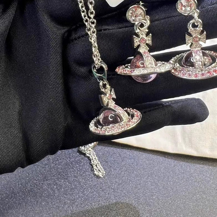 Wholesale Super sparkly Saturn gradient full diamond 3D stainless steel necklace