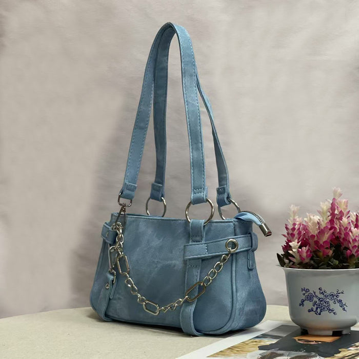 Wholesale Cowboy canvas PU motorcycle bag with round ring chain nylon shoulder bag, hand-held armpit women's bag