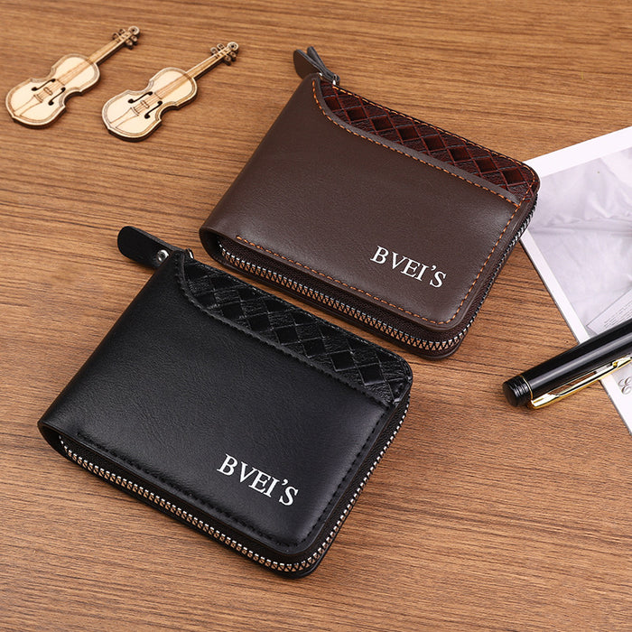 Wholesale PU Leather Men' s Zipper Wallet Plaid Pattern Black MOQ≥2