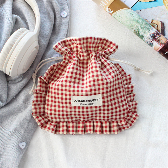 Wholesale Stylish Pink Plaid Drawstring Pouch With Lace Trim Multipurpose Travel Storage Bag For Makeup Brushes Fashion Accessory For Boutique Resale