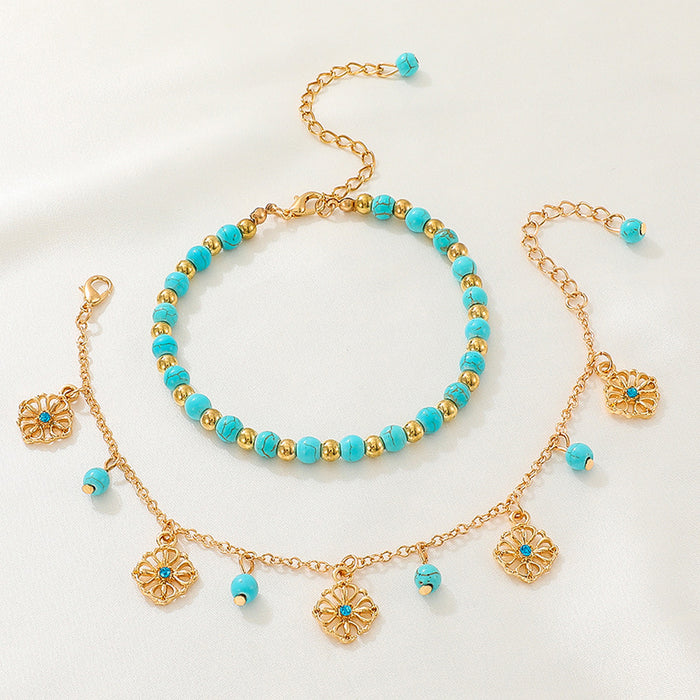 Wholesale Bohemian Beach Style Ethnic Anklet Alloy Turquoise Bead Rhinestone Stylish Jewelry Accessory MOQ≥2