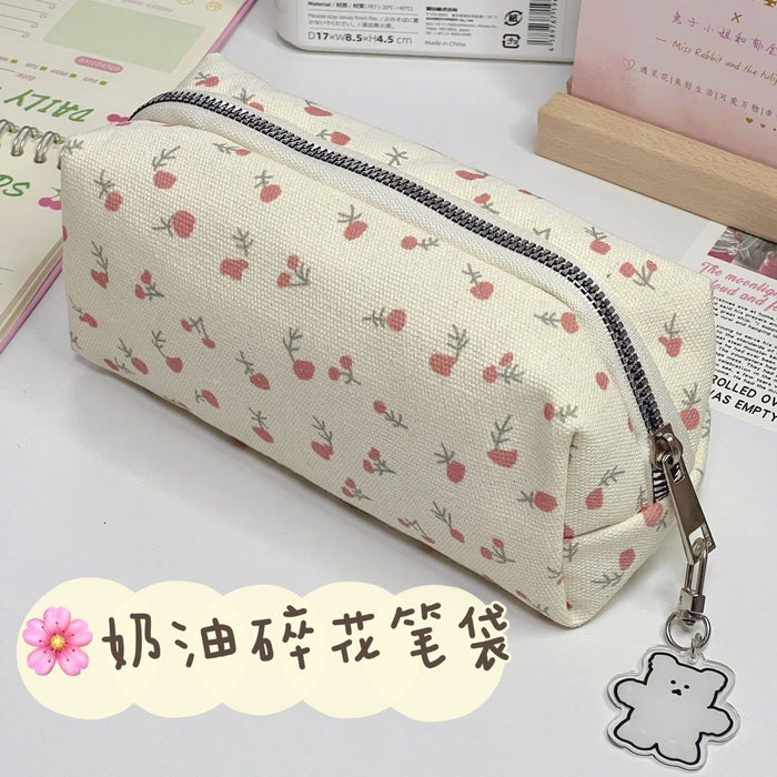 Wholesale Canvas Cream Floral Pencil Case Large Capacity Makeup Bag