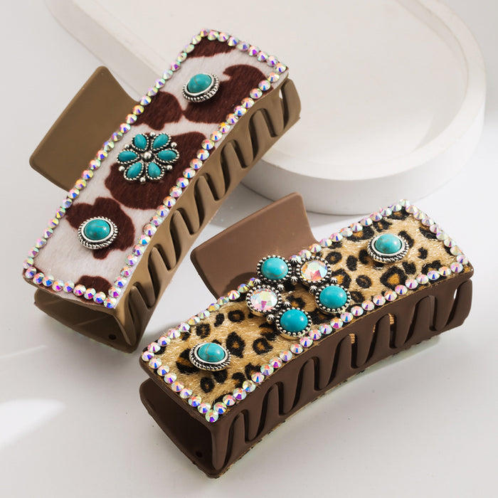 Wholesale Leopard Leather Diamond-encrusted Turquoise Grab Clip Back Head Tie Hair Clip Women' s Hair Clip