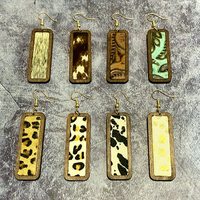 Wholesale leopard print simple bar genuine leather earrings retro geometric texture inlaid earrings