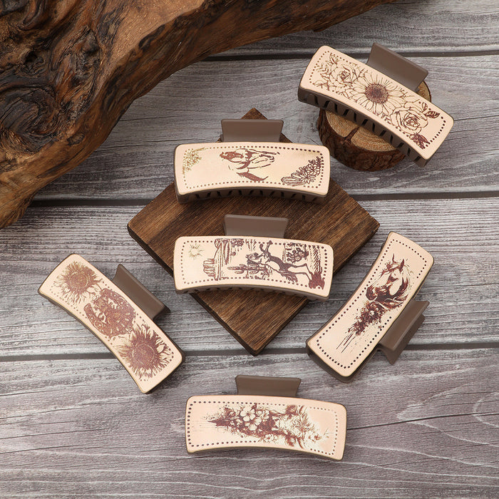 Wholesale Western Style Cactus Print Pattern Leather Hairpin Shark Clip Women' s Grab Clip