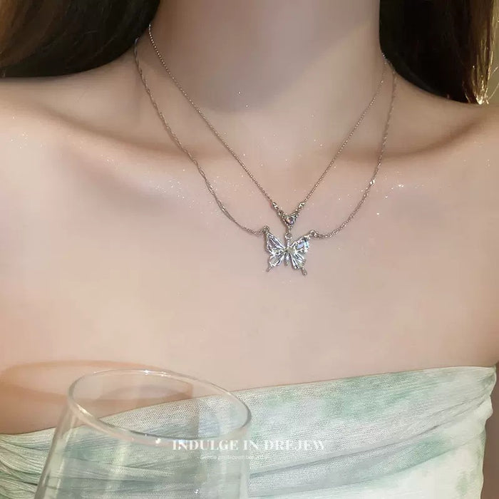 Wholesale Silver Butterfly necklace women's  double-layer stacked clavicle chain