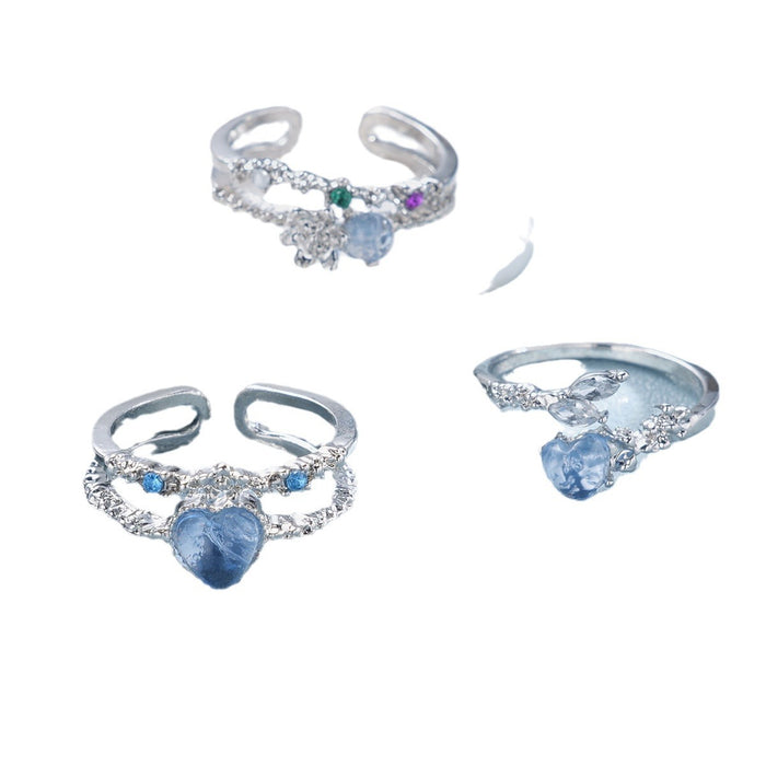 Wholesale Aquamarine Heart Moonstone Zircon Open Ring Set 3 Pieces