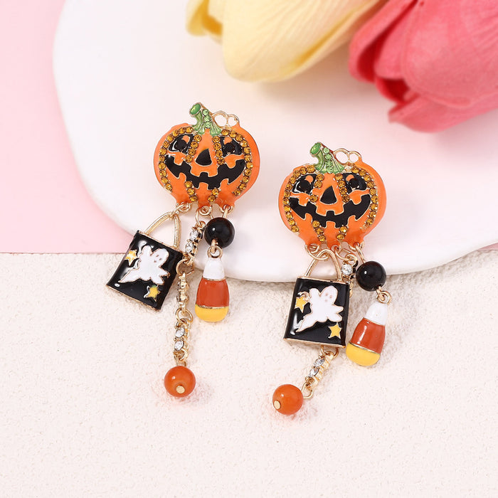 Wholesale Halloween Alloy Inlaid Zircon Pumpkin Skull Tassel Earrings JDC-ES-YueLi025