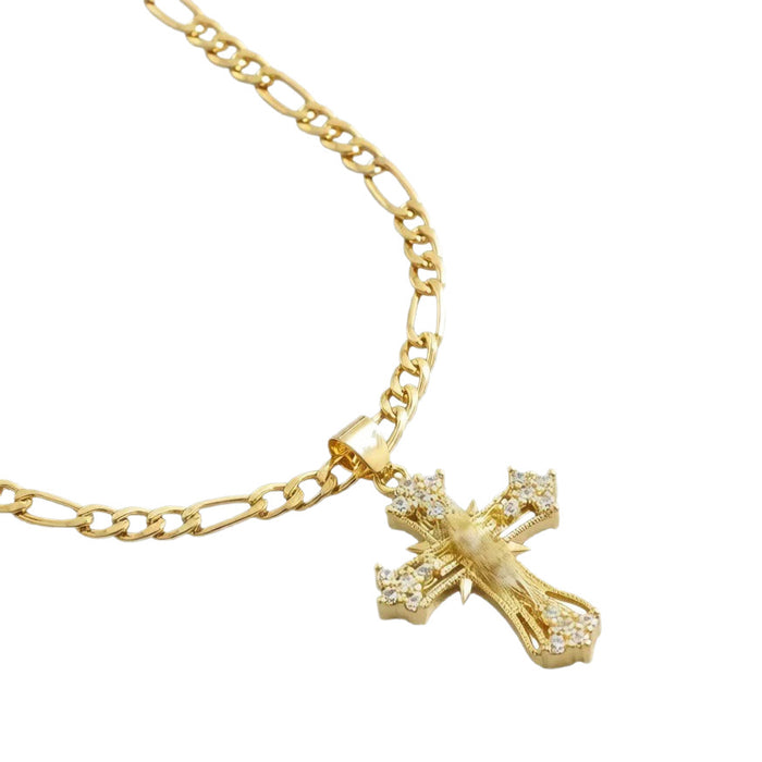 Wholesale Gold Copper Zircon Cross Pendant Hip Hop Men S Necklace Figaro Chain Gift