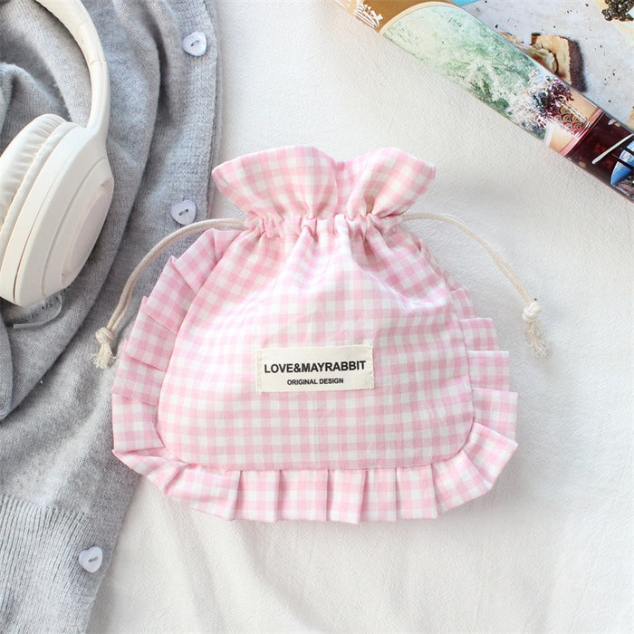 Wholesale Stylish Pink Plaid Drawstring Pouch With Lace Trim Multipurpose Travel Storage Bag For Makeup Brushes Fashion Accessory For Boutique Resale