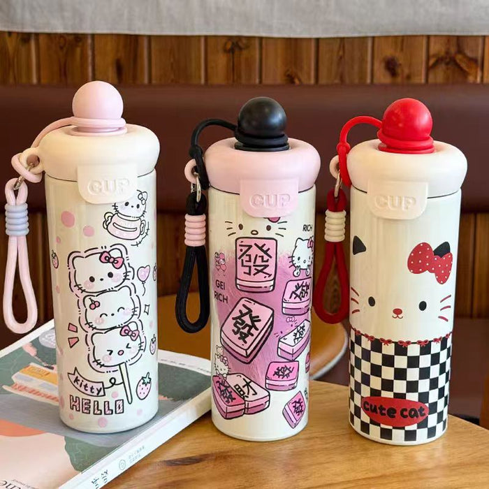 Wholesale 316 Stainless Steel Cute Cat Design Insulated Straw Water Bottle For Students With Carrying Strap