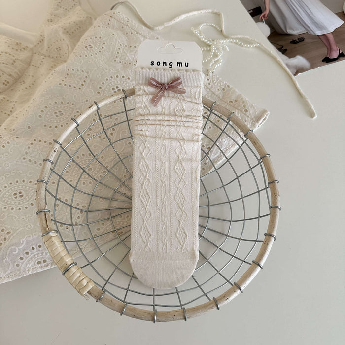 Wholesale Butterfly knot socks, children's mid tube socks, lace cotton mesh hollow pile socks