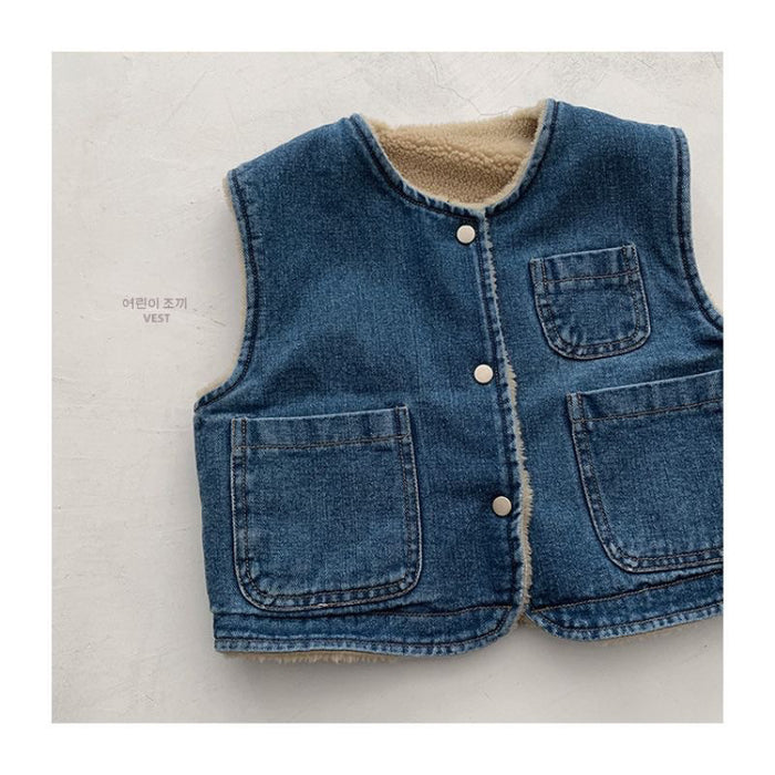 Wholesale Autumn and Winter Double-sided Children's fleece-lined Thickened Baby Warm All-match Vest Trendy Denim Vest Jacket