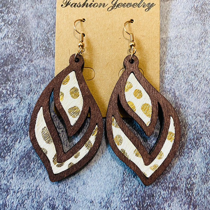 Wholesale Western retro wooden earrings leopard print milk pattern inlaid earrings geometric hollow