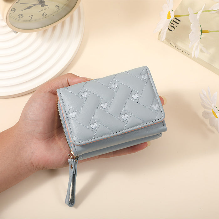 Wholesale Stylish Embroidered Love Short Wallet for Women PU Leather Trendy Accessory MOQ:3