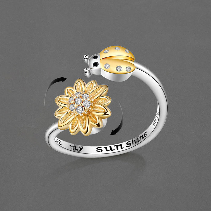 Wholesale Trendy Sunflower Ladybug Adjustable Ring White Gold Tone Copper Electroplated Finish Creative You Are My Sunshine Jewelry Accessory For Women