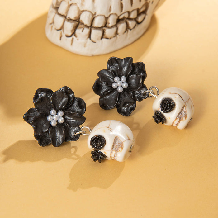 Wholesale Dark Skull Black Camellia Earrings  Funny Fun Earrings