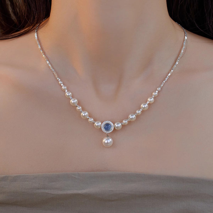 Wholesale women' s aquamarine pearl necklace clavicle chain all match