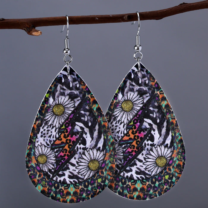 Wholesale Water Drop Shape Leather Sunflower Leaf Stripe Print Earrings JDC-ES-YiTian009