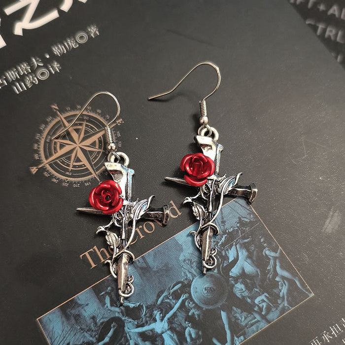 Wholesale Vintage Dark Gothic Alloy Rose Flower Cross Earrings JDC-NS-FuSu006