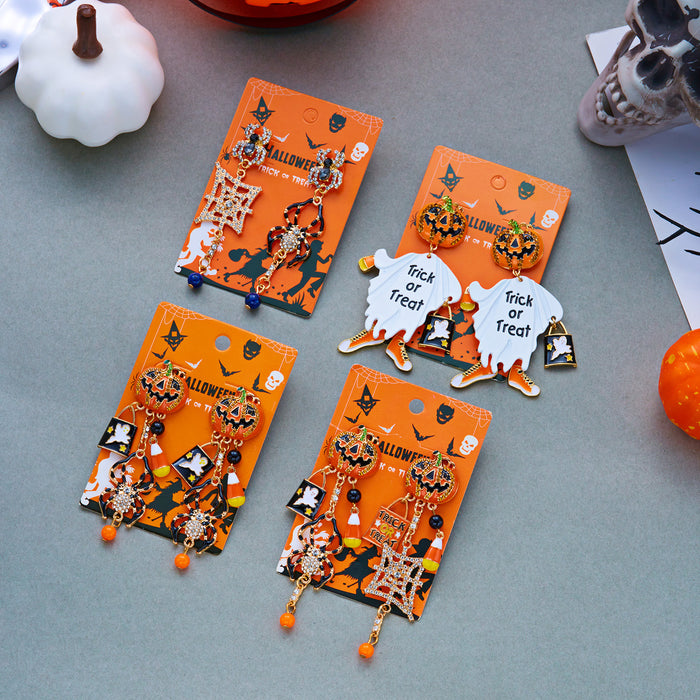Wholesale Alloy  Rhinestone Pumpkin  Web Dangle Earrings Quirky Ghost Pendant Jewelry Party Boutique Gift Fashion Accessory