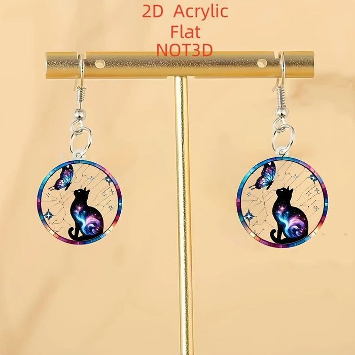 Wholesale Acrylic Bohemian Butterfly Cat Planet 2D Round Earrings - Party Wear Fashion Accessory