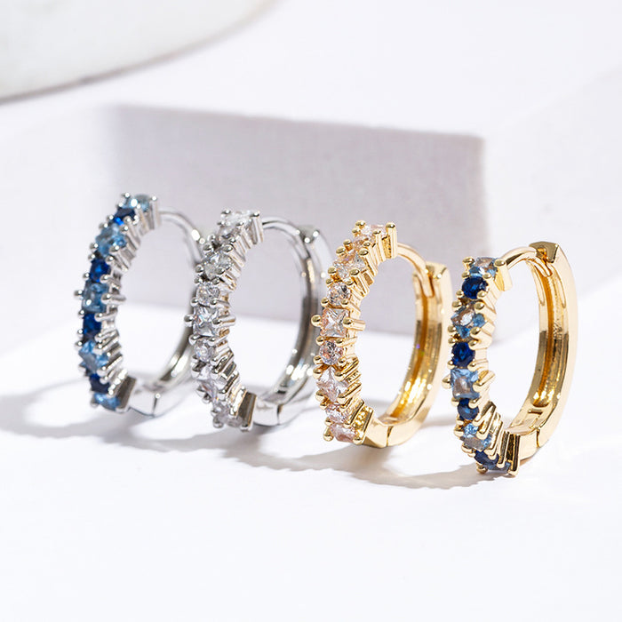 Wholesale Inlaid square blue zircon ear buckle, simple circle ear buckle, trendy accessory
