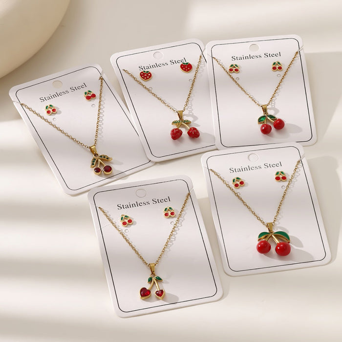 Wholesale Cherry pendant choker necklace stainless steel Earrings set